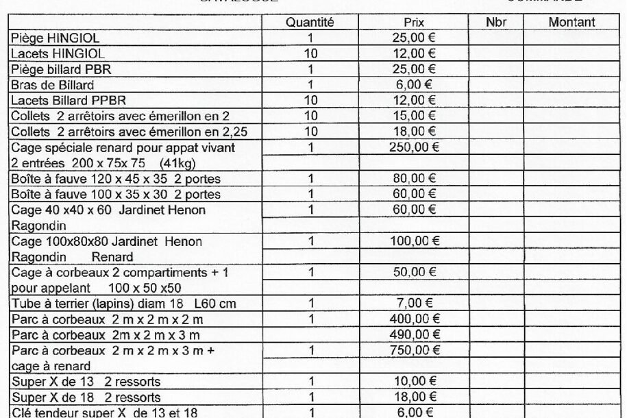 Fiche commande piéges 2022